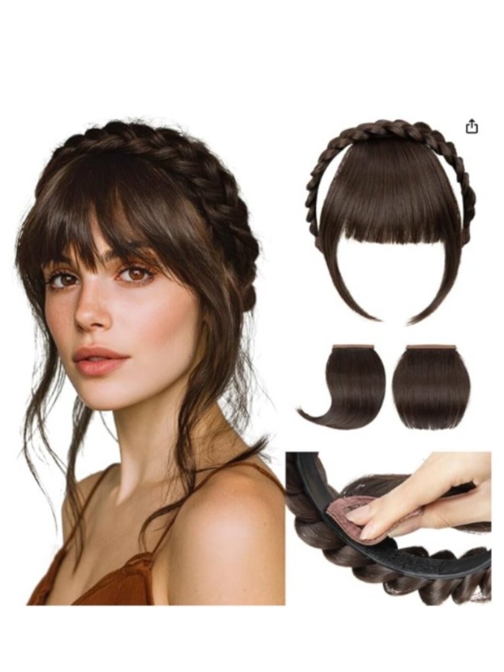 NWT Braided Headband with 3 Detachable Clip in Bangs Fringe